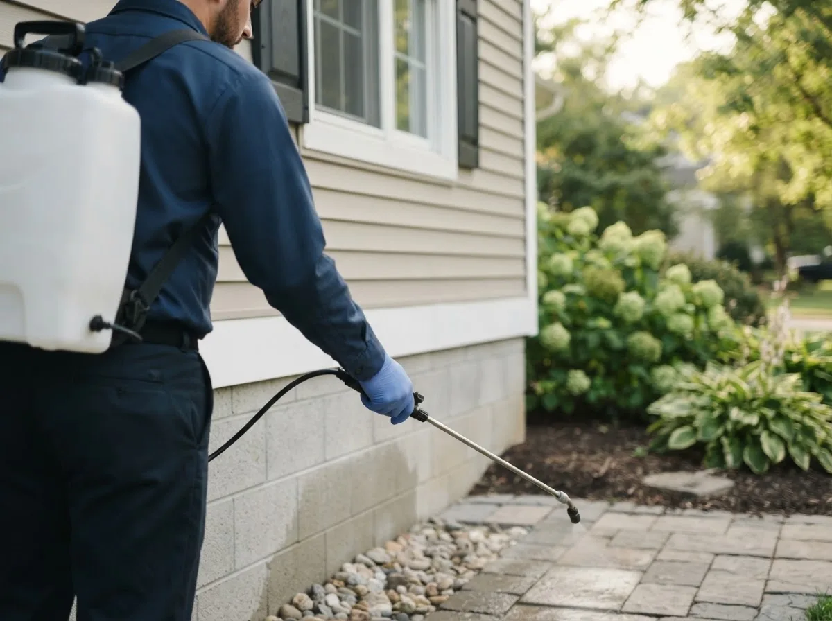 Pest control technician inspecting a home in Des Moines, NM